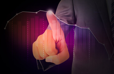 Poster - Businessmen touching the colorful graph abstract background with glowing light. Modern and trendy business backdrop