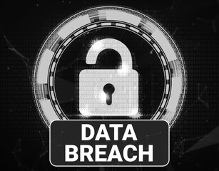 Poster - Data breach black and white security background with a glowing opened lock symbol. Data breaching concept technology backdrop