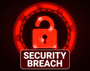 Poster - Security Breach background with red open lock and futuristic tech concept design. Modern security breach wallpaper