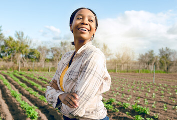 Poster - woman, farm and thinking for agriculture farming harvest in a field in summer for eco friendly devel