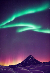 Wall Mural - snow mountains with background of milky way , huge aurora hanging in the clean dark purple night sky