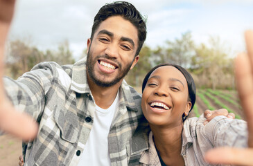 Poster - selfie, happy and interracial couple farming for their small business, agriculture and working toget