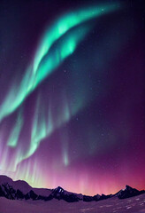 snow mountains with background of milky way , huge aurora hanging in the clean dark purple night sky