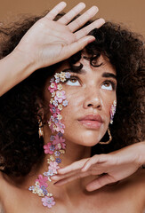 Wall Mural - beauty, black woman and flower face makeup with natural skin thinking, surprised or curious. hair ca
