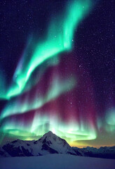 Wall Mural - snow mountains with background of milky way , huge aurora hanging in the clean dark purple night sky