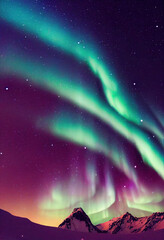 Wall Mural - snow mountains with background of milky way , huge aurora hanging in the clean dark purple night sky