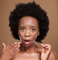 Sticker - Hair, portrait and black woman in studio for problem, hair loss and hair care against a brown background. Face, model and afro hairstyle fail by woman confused, shocked and surprised by damaged hair