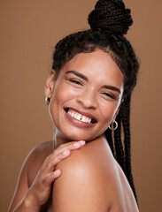 Wall Mural - Skincare, beauty and black woman smile for cosmetics, makeup and dermatology mockup on brown studio background with hair braids. Face portrait of happy model with a glow on skin with self care