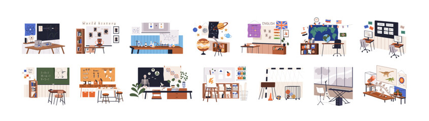 Poster - Classrooms interiors set. Empty classes, study rooms for different school subjects with supplies for art, biology, geography, astronomy lessons. Flat vector illustrations isolated on white background