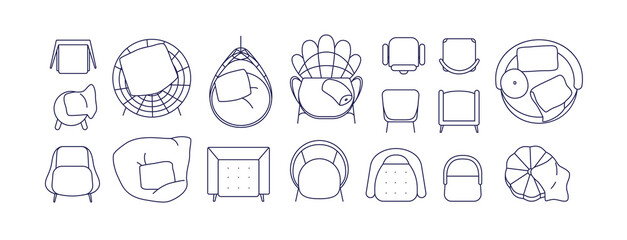 Armchairs designs, top view. Overhead chairs, seats for living room interior layout. Modern lounge furniture, cushions. Outlined contoured flat vector illustration isolated on white background