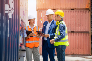 Poster - Worker and businessman checking containers data for export and import,Container loading Cargo freight ship.
