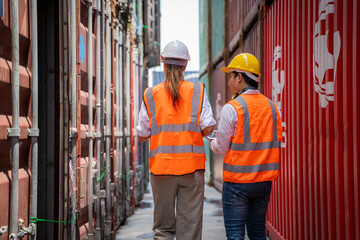 Poster - Engineer working and checking a quality of containers box from cargo ship for export and import,Container Shipping Logistics Engineering concept.