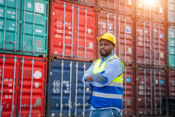 Poster - Foreman inspector on site,Logistics and transportation business containers import and export concept.