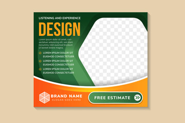 Poster - abstract social media post banner template design use headline is listening and experience design. horizontal layout with space for photo and text. green background with orange colors on elements.