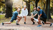 © M Einero/peopleimages.com - Senior, man group and stretching at outdoor together for elderly fitness or urban wellness for happiness. Happy retirement, friends workout or exercise club in diversity, teamwork or health lunges