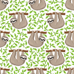 Canvas Print - Seamless pattern with cute animal sloth on a branch and leaves on a white background.