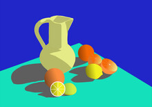Bodegón De Naranjas Y Limones Con Una Jarra, Sobre Una Mesa De Color Turquesa Y Fondo De Color Azul Marino. Naranjas Y Limones Cortados A La Mitad Sobre Mesa.