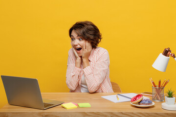 Wall Mural - Young surprised successful employee IT business woman wear casual shirt sit work at office desk use laptop pc computer hold face isolated on plain yellow color background Achievement career concept.