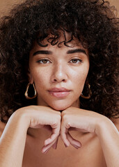 Wall Mural - portrait, skincare and beauty with a model black woman in studio on a brown background for natural c