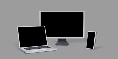 Poster - Set of 3D gadgets with black empty screen for banner and template usage. Realistic render of laptop mobile phone and PC monitor.