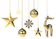 golden christmastree balls, snowflakes, stars and a deer christmastree hanging on golden strings isolated 3D rendering