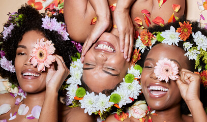 top view, beauty and black women with flowers for skincare in studio on brown background. makeup aes