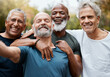 Senior, man group and fitness selfie at park together for elderly health or wellness for happiness smile. Happy retirement, friends portrait or runner club in diversity, teamwork or outdoor training