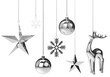 silver christmastree balls, snowflakes, stars and a deer christmastree hanging on silver strings isolated 3D rendering