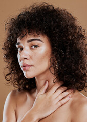 Wall Mural - face, beauty and skincare with a model black woman in studio on a brown background for natural hair 