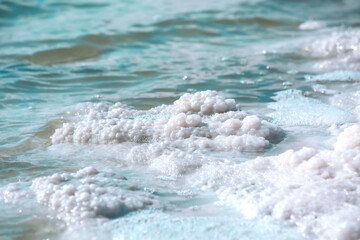 Close-up of Dead Sea salt mineral natural formation crystals in Jordan