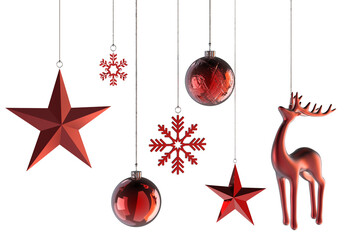 Wall Mural - red shiny christmas balls, snowflakes, stars and a deer hanging on silver strings isolated 3d render