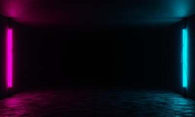 Poster - 3d modern neon light glowing in empty room with reflection of neon light on the concrete wall and floor