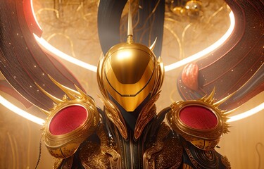 futuristic alien in golden suit and mask with two red circles on shoulders standing in front of a gold and red background with a circular pattern