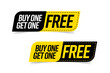 Buy one, get one free special offer sticker set. Sale discount promotion label templates. Web shop business event black and yellow tags vector illustration