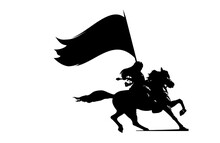 Silhouette Illustration Of Joan Of Arc.A Black Silhouette With A Female Knight Riding A Horse.she Raises Her Flag To Heaven.