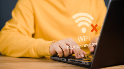 Poster - Man using a computer laptop to connect to wifi but wifi not connected, and waiting to loading digital business data form website, concept technology of waiting for connect to wifi.
