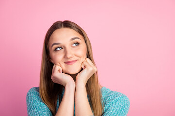 Wall Mural - Closeup photo of lady looking up empty space deep thinking creative person arm chin isolated pastel color background