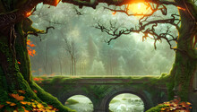 An Old Enchanted Magical Bridge Over A River Covered With Ivy Leaves Over A River Framed By Trees And Branches In The Forest With Sunlight In The Foliage From Behind - Book Cover  Fantasy  Fairy Tale 