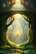 An Old Enchanted Magical Bridge Covered With Ivy Leaves Over A River Framed By Trees And Branches In The Forest With Sunlight In The Foliage From Behind - Book Cover - Fantasy - Fairy Tale 