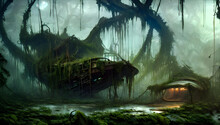 Rotten / Decayed Boat / Yacht, Overgrown With Vegetation And Hanging Vines In A Post-apocalyptic Tropical Forest Landscape, Hazy And Misty Atmosphere - Painted - Concept Art 