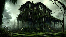 Rotten / Decayed Mansion, Overgrown With Vegetation And Hanging Vines In A Post-apocalyptic Tropical Forest Landscape, Hazy And Misty Atmosphere - Painted - Concept Art 