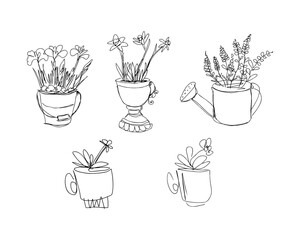 Wall Mural - Blooming spring flowers crocuses, lavender, daffodils, daisy and pansy lineart collection. Perfect for T-shirt, sticker, poster. Doodle vector illustration for decor and design.