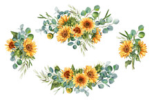 Sunflower And Eucalyptus Leaves Bouquet. Watercolor Floral Clipart. Yellow Flowers For Rustic Wedding Design, Thanksgiving Decoration, Fabric, Greeting Cards. Isolated On Transparent Background