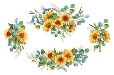 Wall Mural - Sunflower and eucalyptus leaves bouquet. Watercolor floral clipart. Yellow flowers for rustic wedding design, thanksgiving decoration, fabric, greeting cards. Isolated on transparent background