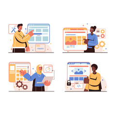 Poster - web design people concept isolated scenes set. men and women create website layouts, place elements 