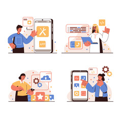 Poster - App development people concept isolated scenes set. Men and women create and optimize interface layouts, place elements, page, work with code and analyze data. Illustration in flat design