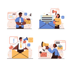 Poster - Email marketing people concept isolated scenes set. Men and women sending advertising emails to clients, promotion business online using newsletter service. Illustration in flat design