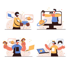 Poster - Cyberspace people concept isolated scenes set. Men and women in VR headsets learning or gaming at augmented interactive simulation. Virtual reality technology. Illustration in flat design