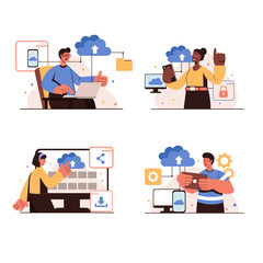 Aufkleber - People using cloud computing concept isolated scenes set. Men and women upload files to cloud storage service, networking and wireless connection, data processing. Illustration in flat design
