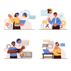 Aufkleber - Customer service people concept isolated scenes set. Men and women in headphones advise clients in chats, answer calls, help around clock, working at call center. Illustration in flat design